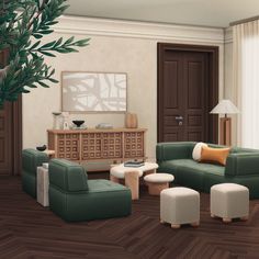 a living room filled with furniture and a tree in the middle of it's floor