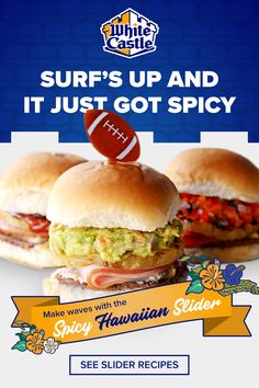 two sandwiches with the words surf's up and it just got spicy