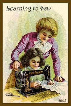 two children are sewing on an old fashioned sewing machine