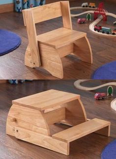 two wooden chairs sitting on top of a hard wood floor next to toy cars and trucks