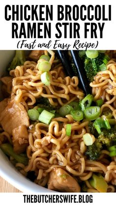 the chicken broccoli ramen stir fry is in a white bowl with chopsticks