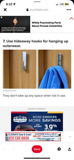 an image of a screen shot of a website page with the text, 7 use hideaway hooks for hanging up outerwear they don't take any space when not in use