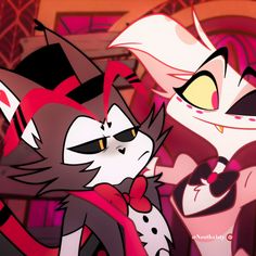 two cartoon cats standing next to each other in front of a red and black background