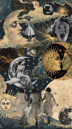 an artistic collage with images of women, stars and the moon in black and white