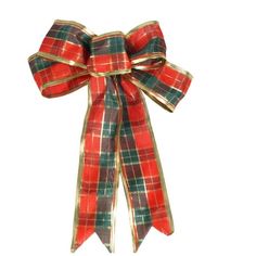 a red and green plaid bow with gold trim on it's side, against a white background