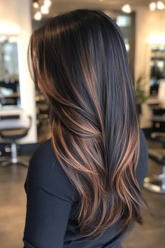 Enhance your dark locks with these 31 stunning caramel highlights for black and dark brown hair! 🍯 From subtle touches to bold streaks, discover the perfect way to add warmth and dimension. #CaramelHighlights #DarkHair #HairInspo Highlight With Dark Hair, Cameral Highlights On Dark Brown Hair, Black Hair Warm Highlights, Hazelnut Highlights On Dark Hair, Brown Girl Highlights Black Hair, Caramel Highlights Black Hair, Brown Streaks In Black Hair, Brown Highlights In Black Hair, Black Hair With Streaks