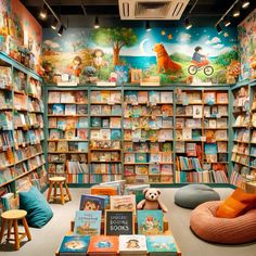 children's bookshelves and stuffed animals in a bookstore