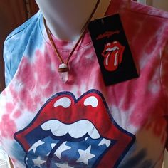 Red , White, Blue Tye Dye With Iconic Lips & Tongue.Fun Shirt Adult/ X Small Red T-shirt For Summer Gift, Fun Red Top As A Gift, Casual Red T-shirt For Gift, Trendy Red Top As A Gift, Red Summer T-shirt As A Gift, Rolling Stones Shirt, Rolling Stones Band, Blue Tye Dye, Band Hoodies