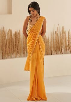 Yellow Georgette Embroidered Draped Saree Set Zoon Tribe - Fabilicious Fashion Yellow Saree Look Traditional, Plain Yellow Saree For Haldi, Graduation Day Saree Ideas, Plain Yellow Saree, Yellow Saree Look, Yellow Saree For Haldi, Yellow Chiffon Saree, Mustard Yellow Saree, Yellow Georgette Saree