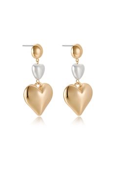 18kt gold plated zinc acrylic pearl 2.95" x 1.4" Elegant Gold-tone Earrings For Valentine's Day, Pearl Cuff, Layered Chokers, Pearl Heart, Back Necklace, Heart Dangle Earrings, Charm Pendant Necklace, Chain Anklet, Dream Jewelry