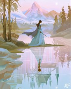 a woman in a blue dress is standing on the edge of a lake