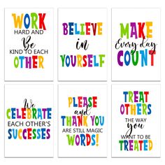 six colorful cards with words that say, work hard and be kind to each other