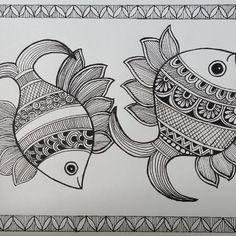 a drawing of two fish with designs on them