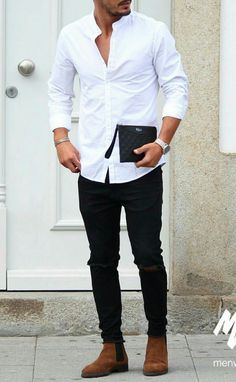 White Shirt Outfits, White Jeans Men, Mens Fashion Smart, Outfit Jeans, Man Fashion, Mens Fashion Casual Outfits, Stylish Mens Outfits, Man Style