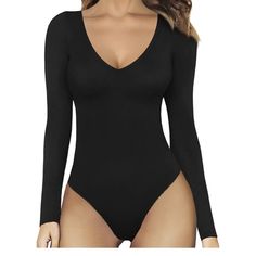 Mangopop Women's Size Large Long Sleeve Bodysuit Deep V Neck - Black New Nwt. Our Home Is A Smoke Free Home. Fitted Bodysuit, Shein Basics, Basic Bodysuit, Bodysuit Shirt, Bodysuit Tops, Bodysuit Jumpsuit, Square Neck Bodysuit, V Neck Bodysuit, Square Neck Top