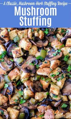 mushroom stuffing with parsley on top and the title above it in blue overlay