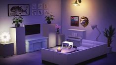 a living room with white furniture and purple lighting