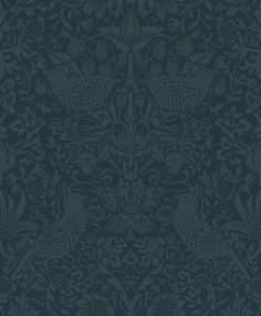 a dark blue wallpaper with birds and flowers on the bottom, in an ornate pattern