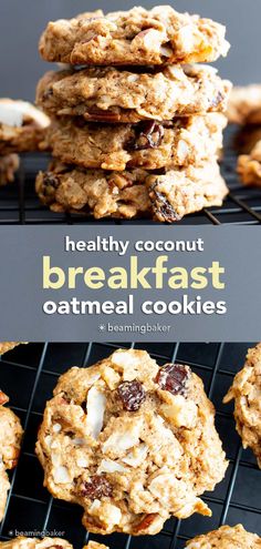 healthy coconut breakfast oatmeal cookies on a cooling rack with text overlay