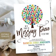 a card with the words missing peace on it and a tree made out of puzzle pieces