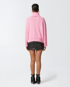 Boxy turtleneck jumper in soft wool and fine cashmere mix knit. High turn-up collar, long sleeves and personalised with Love Birds logo embroidery on the front. Pink Cashmere Sweater With Ribbed Cuffs, Chic Pink Turtleneck Sweater, Pink Cashmere Sweater For Work, Pink Fine Knit Sweater For Workwear, Spring Cashmere Turtleneck Sweater, Chic Pink Fine Knit Sweater, Pink Fine Knit Sweater For Fall, Birds Logo, Turtleneck Jumper