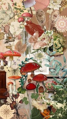 a collage of mushrooms, plants and other things is shown in this image with an old clock