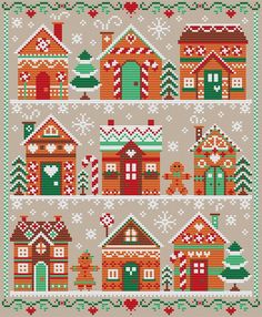 a cross stitch pattern with houses and trees on the sides, in different shades of red