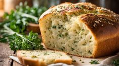 a loaf of bread sitting on top of a cutting board next to some parsley