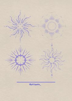 three different types of sun and moon drawings on white paper with blue ink in the middle