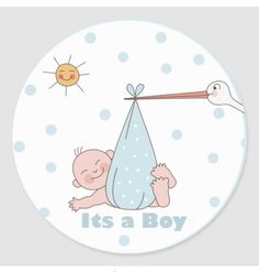 it's a boy sticker with a stork and baby in blue