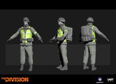 three 3d renderings of the same person in different outfits, one wearing an orange vest and