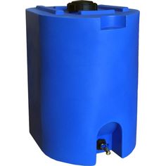 a blue water tank with a black cap on the top and nozzles in it