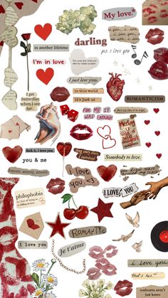 an assortment of stickers and magnets on a white background with words, hearts, flowers, and other things