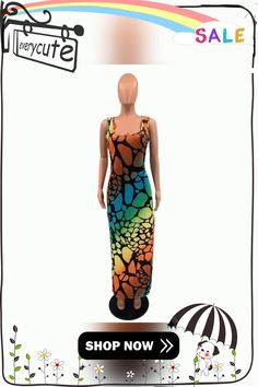 Plus Size Sleeveless Print Square Collar Maxi Dresses Multicolor Sleeveless Stretch Maxi Dress, Stretch Multicolor Sleeveless Maxi Dress, Multicolor Stretch Sleeveless Maxi Dress, 1 Million, Maxi Dresses, Maxi Dress, Plus Size, Collar, Square