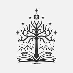 an open book with a crown on top and stars around it in the shape of a tree