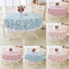 four different pictures of the same table cloth