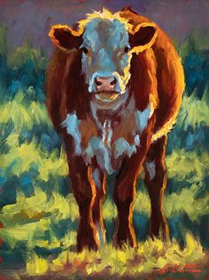 a painting of a cow standing in the grass