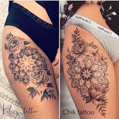 two pictures side by side one with flowers and the other with roses on it's thigh