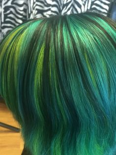 Fashion color, teal with neon green peekaboo Green Peekaboo, Hair Wishlist, Haircolor Ideas, Veil Hair, Skunk Hair, Tooth Cavity, Dark Blue Hair, Teal Hair