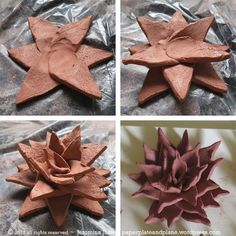 four pictures of different shapes and sizes of clay flowers on tin foil, including the petals