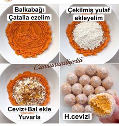 four pictures showing different types of food in white bowls, including carrots and powdered sugar