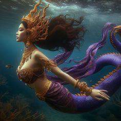 a woman dressed as a mermaid swimming under water