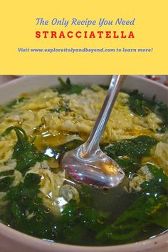 a bowl of pasta with spinach in it and a spoon sticking out of the top