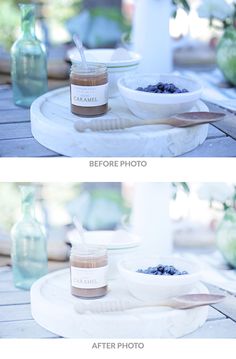 two pictures showing the before and after shots of blueberries