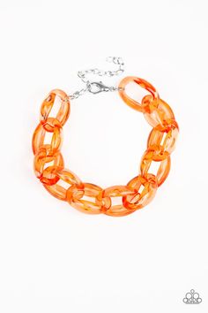 Glassy orange links connect around the wrist, creating a colorfully, modern chain. Features an adjustable clasp closure. Sold as one individual bracelet. Get The Complete Look! Necklace: "Ice Queen - Orange" (Sold Separately)P9ED-OGXX-030KZ Paparazzi Bracelets, Clubbing Shoes, Orange Accessories, Baby Orange, Orange Bracelet, Orange Necklace, Trendy Bracelets, Ice Ice Baby, Color Naranja