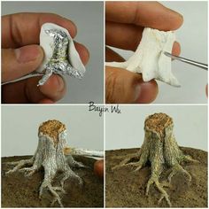 four different pictures show the process of making a tree stump with silver foil and scissors