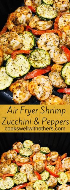 grilled shrimp, zucchini and peppers on the grill with text overlay