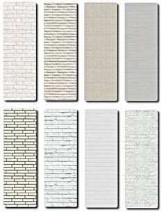 nine white brick wall panels with different colors and sizes, all lined up against each other