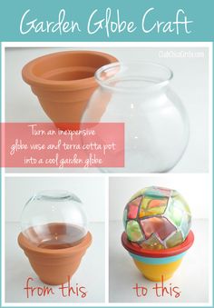 the instructions for how to make a garden globe craft with glass and terracotta pots