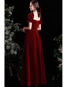 Retro Formal Long Velvet Burgundy Evening Party Dress with Square Neckline Fitted Bodice Evening Dress With Square Neck For Banquet, Square Neck Evening Dress With Fitted Bodice For Banquet, Formal Burgundy Velvet Dress, Elegant Burgundy Velvet Party Dress, Burgundy Velvet Dress For Formal Occasions, Elegant Velvet Dress With Square Neck, Square Neck Evening Dress For Banquet And Prom Season, Elegant Red Velvet Dress For Prom, Square Neck Evening Dress For Prom Season Banquet